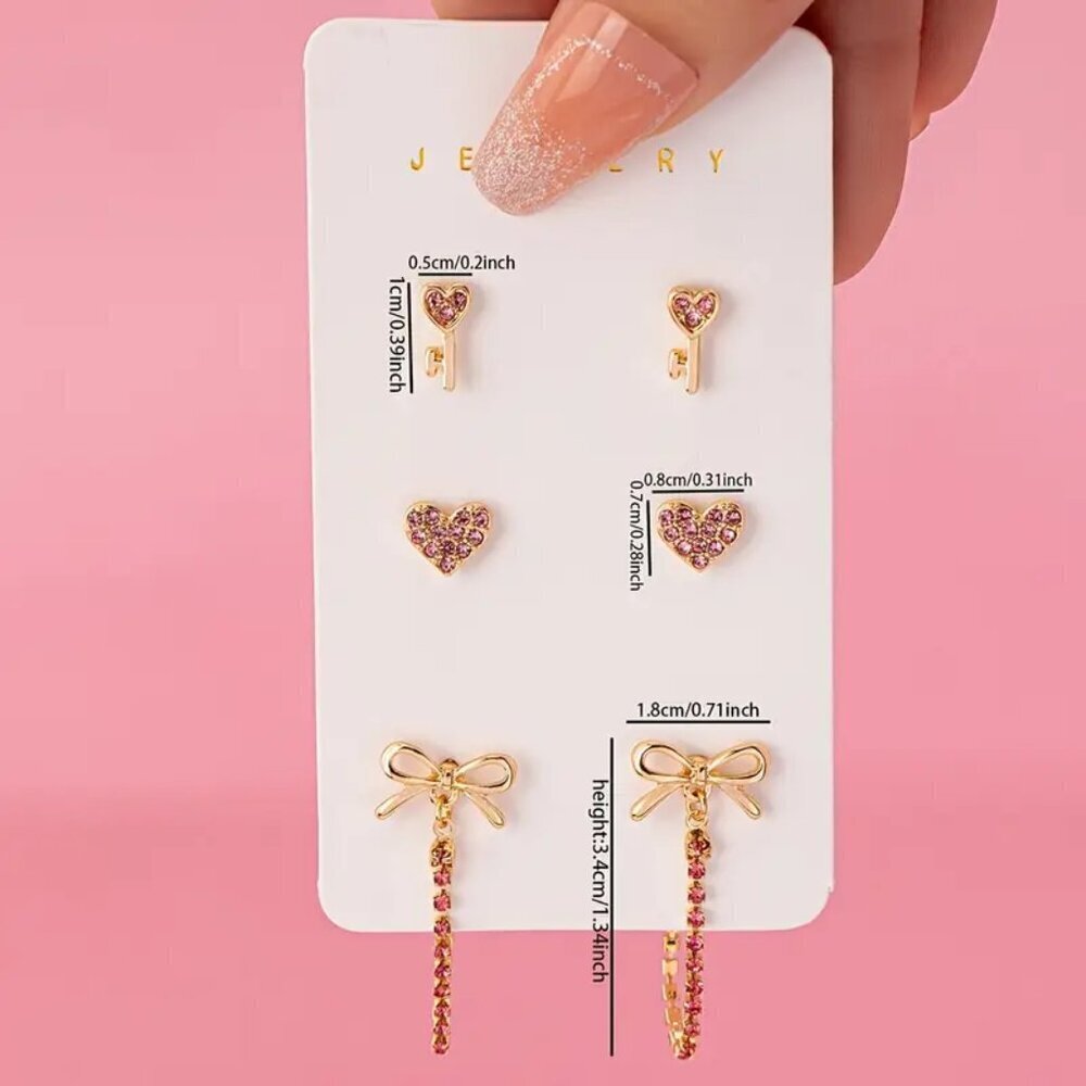 NEW 3 Pairs Pink & Gold Earrings, Key Heart Bow Hoop Jewelry Set, coquette bow
